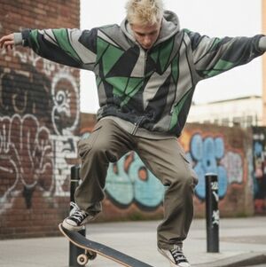 Karl Kani Hoodie Sweater, Men's XLarge, Green and grey abstract, Y2K streetwear